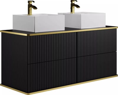 Vente-unique Hangmeubel voor badkamer met ribbels en goudkleurige rand met vierkante dubbele opbouwwastafel - Zwart - 120 cm - KELIZA
