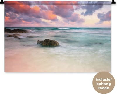 Wandkleed Tulum - Zonsondergang aan het strand in Tulum Mexico Wandkleed katoen 90x60 cm - Wandtapijt met foto