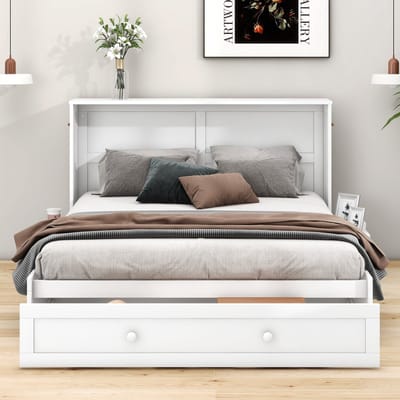 140 x 200 cm verrijdbaar kastbed - bedvoet met lade - bedzij met klein boekenplankje - ombouwbaar platformbed - wit - zonder matras