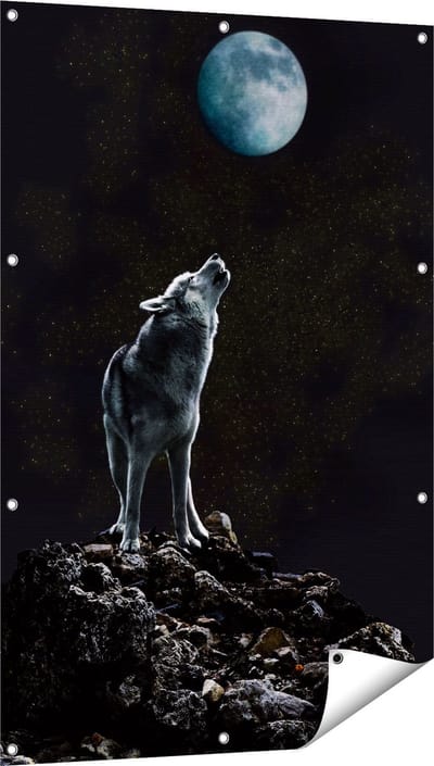 Gards Tuinposter Wolf Huilt naar de Volle Maan - 80x120 cm - Tuindoek - Tuindecoratie - Wanddecoratie buiten - Tuinschilderij