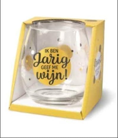 Wijnglas - Waterglas - Ik ben jarig geef me wijn! - In cadeauverpakking met gekleurd lint