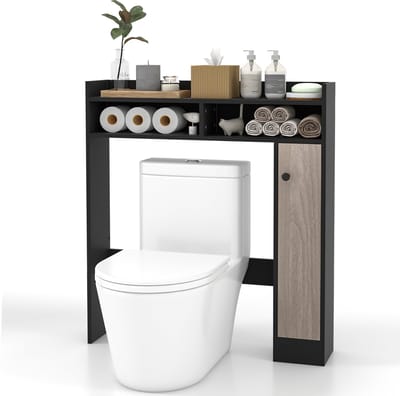 COSTWAY Toiletkast badkamer bovenbouwkast, toiletstandaard met verstelbare planken, badkamerrek hout, badkamerkast vrijstaand (zwart)
