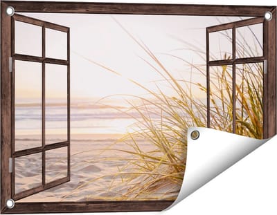 Gards Tuinposter Doorkijk Strand en Duinen tijdens Zonsondergang - 60x40 cm - Tuindoek - Tuindecoratie - Wanddecoratie buiten - Tuinschilderij