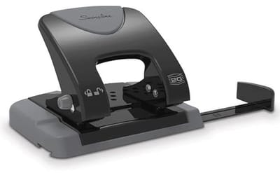 Perforator met 2 gaten, lage kracht, 20 vel capaciteit, zwart/grijs