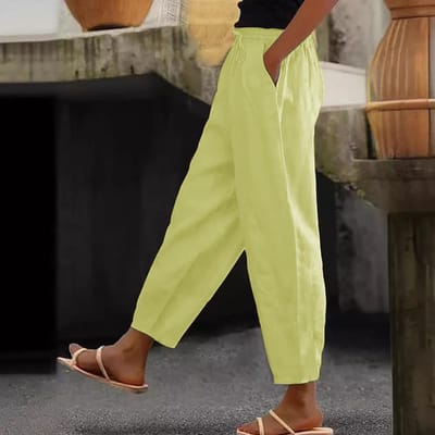 Damesbroek Katoen Linnen Effen Kleur Modieus Casual Dagelijks Zijzak Elastisch Casual Broek Damesbroek XXL geel