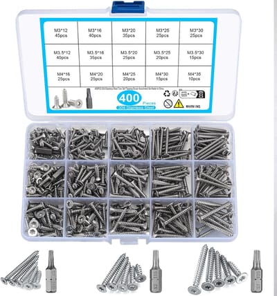 Famanu – Zelfborende RVS schroevenset M3–M4 voor hout en gips, verzonken kop, torx-aandrijving, assortimentsdoos (400 stuks)