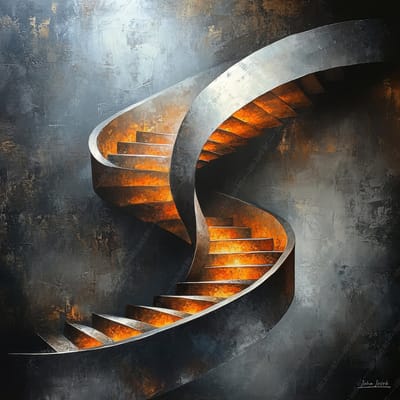John Joseb Art (Aluminium) 100x100 | Trap, industrieel, surrealisme, metaal, aluminium, staal, abstract, kunst | vierkant, gebouw, oranje, roest, grijs,, modern | foto-schilderij op dibond, metaal wanddecoratie
