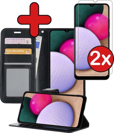 Hoesje - Met 2x Screenprotector - Geschikt voor Samsung Galaxy A02s - Luxe Pasjeshouder - Flip Case - Bookcase Portemonee - Kunstleer Book Case - Flipcase Hoes - Book Cover - Walletcase - Portemonneehoes - Telefoonhoes - Zwart