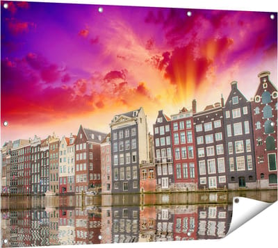 Gards Tuinposter Amsterdamse Huisjes bij het Kanaal - Kleur - 120x90 cm - Tuindoek - Tuindecoratie - Wanddecoratie buiten - Tuinschilderij