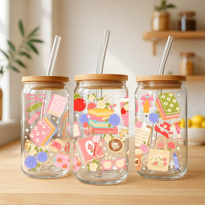 Creasowl® Back to School Glazen Beker 500 ml voor Leraren – met glazen rietje & deksel – Smoothie beker, Iced Coffee glas, Herbruikbare drinkbeker – Origineel cadeau voor juf of collega