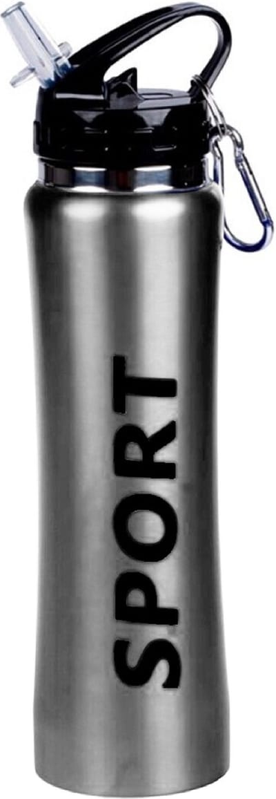 Sport Bidon drinkfles/waterfles Sport print zilver 600 Ml van Aluminium met karabijnhaak