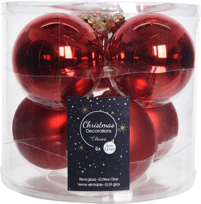 Decoris Kerstballen - 6x - rood - D8 cm - glas - glans en mat - Glans/glanzende - Kerstboomversiering kerst rood