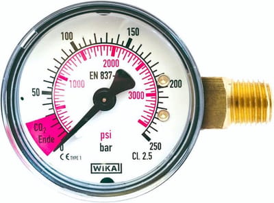 Inhoudsmanometer met rood vlak voor CO2-einde, 1/4" mannetje