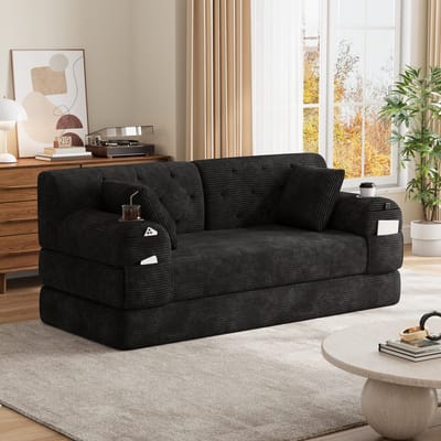 PHOEBE CAT Tweezitsbank - Slaapfunctie - Corduroy - Inclusief 2 bekerhouders - 2 kussens - Zwart