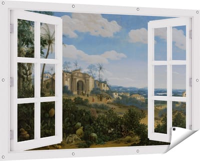 Gards Tuinposter Doorkijk Gezicht op Olinda, Brazilië - Frans Jansz. Post - 150x100 cm - Tuindoek - Tuindecoratie - Wanddecoratie buiten - Tuinschilderij