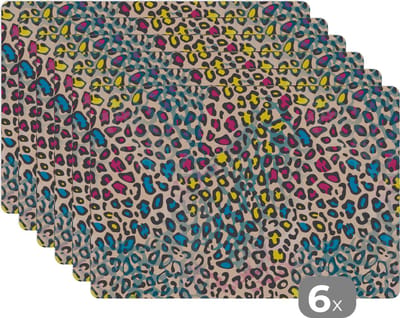 Placemat - Placemats kunststof - Panterprint - Patronen - Kleuren - 45x30 cm - 6 stuks - Hittebestendig - Anti-Slip - Onderlegger - Afneembaar