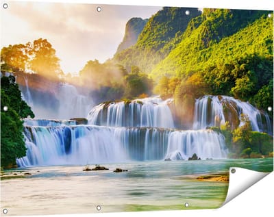 Gards Tuinposter Watervallen tussen de Bomen - 120x80 cm - Tuindoek - Tuindecoratie - Wanddecoratie buiten - Tuinschilderij
