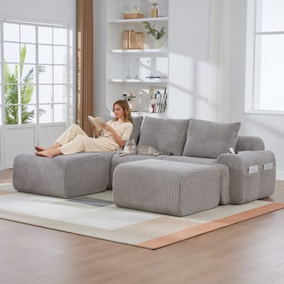 Modulaire corduroy bank voor 3 personen (met 2 voetenbankjes), vrij combineerbaar, inclusief bekerhouders en opbergvak aan de zijkant, ideaal voor woonkamers, familiekamers en andere ruimtes. Lichtgrijs