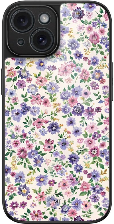 Hoesje geschikt voor iPhone 15 - Paarse bloemen - Luxe Hard Case - Bloemen - Paars - Mooie Telefoonhoesjes
