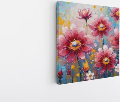 Saammp Canvas Schilderij - Roze Bloemen - Abstract - Blauw - 20x20 - Foto op canvas - Wanddecoratie - Muurdecoratie Woonkamer - Kantoor Decoratie