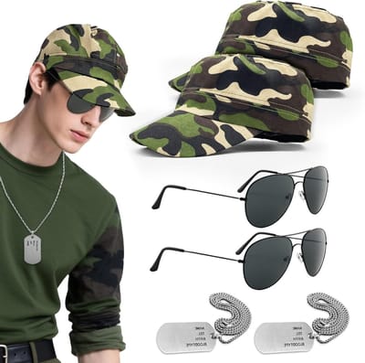 Zesdelige soldatenkostuumset met camouflagehoed, zonnebril en dogtag voor Halloween en themafeesten, perfect voor cosplay en rollenspellen