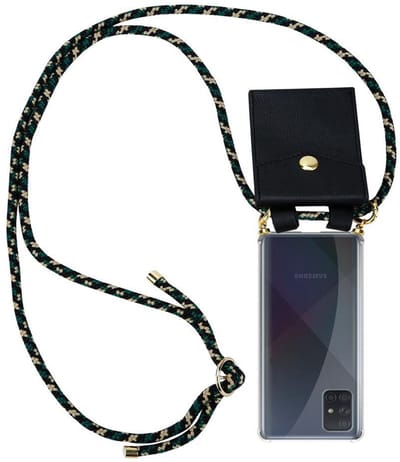 Cadorabo Hoesje geschikt voor Samsung Galaxy A51 4G / M40s in CAMOUFLAGE - Silicone Mobiele telefoon ketting beschermhoes met gouden ringen, koordriem en afneembare etui