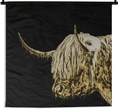 Wandkleed - Wanddoek - Schotse Hooglander - Schotse Koe - Goud - 180x180 cm - Wandtapijt