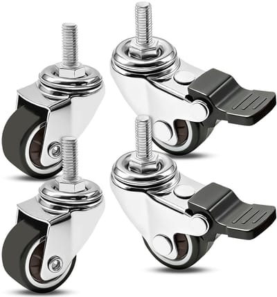 Zwenkwielen 25 mm (1 inch) met remmen, meubelwielen, transportwielen, 4 stuks, M6 x 15 mm, wielen voor meubels, 360 graden draaibaar, geen sporen en stil, 2 met remmen en 2 zonder, voor
