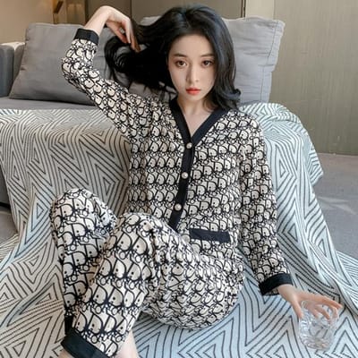 Bedrukte Letters Luxe Dames Pyjama Set Herfst Casual Losse Pyjama's V-hals Pyjama Loungekleding 2-delige Set Dames Pyjama XXL white
