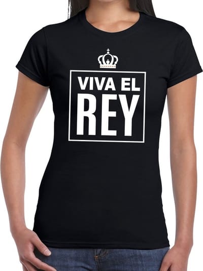 Zwart Viva el Rey Spaanse tekst shirt dames - Oranje Koningsdag/ Holland supporter kleding XS
