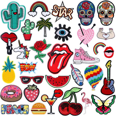 Famanu - Set van 32 zomerse opstrijkpatches, geborduurde decoraties voor kleding en accessoires – Rood