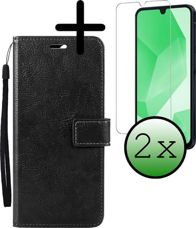 Hoesje Met 2x Screenprotector - Geschikt voor Samsung Galaxy A16 - Luxe Pasjeshouder - Bookcase Portemonee - Flip Case - Kunstleer Book Case - Flipcase Hoes - Book Cover - Walletcase - Portemonneehoes - Zwart