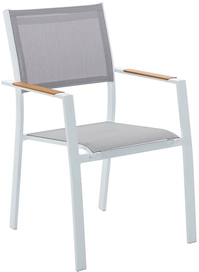 Vente-unique Tuineetset van aluminium: een vierkante tafel L140 cm en 4 opstapelbare fauteuils - Licht naturel en grijs - MACILA van MYLIA