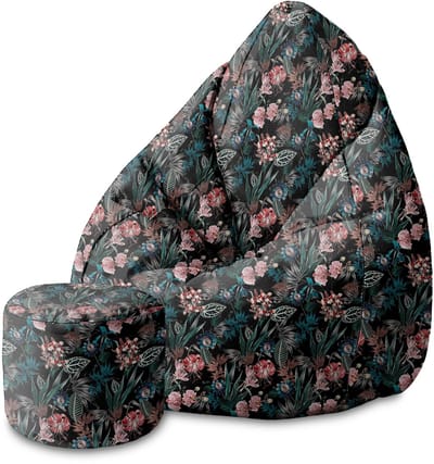 DreamRoots Velvet Zitzak voor Volwassenen – Luxe Beanbag met Voetsteun en Afneembare Hoes – Inclusief Vulling – 80x80x120 cm - Dark Botanic