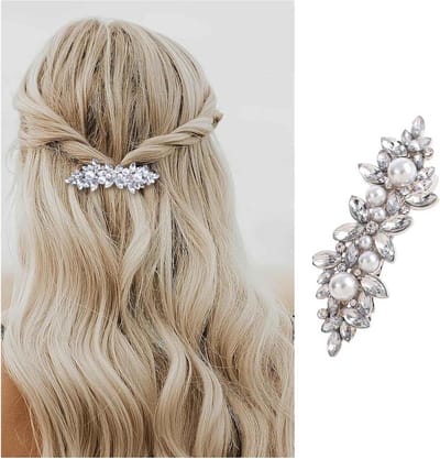 Zilveren Vintage Haarclip met Strass en Parels - Bruiloft Haarspeldjes