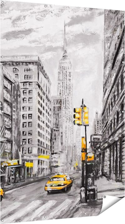 Gards Tuinposter Geschilderde New York Tekening - Zwart Wit - 120x180 cm - Tuindoek - Tuindecoratie - Wanddecoratie buiten - Tuinschilderij