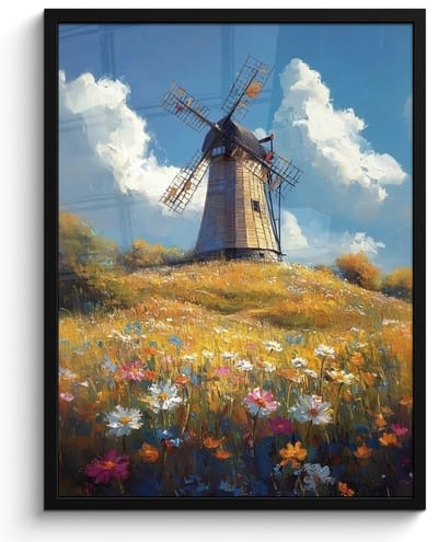 Poster in lijst - Fotolijst 50x70 cm - Posters - Windmolen - Heuvel - Bloemen - Kleurrijk - Posterlijst zwart - Decoratie - Wanddecoratie woonkamer - Muurdecoratie slaapkamer