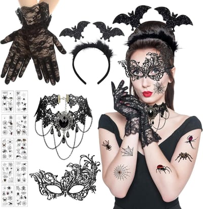 Halloween Kostuum Accessoires voor Vrouwen - Venetiaans Masker, Gothic Sieraden, Sexy Kanten Handschoenen en Hoofdband voor Carnavalsfeesten en Maskerade