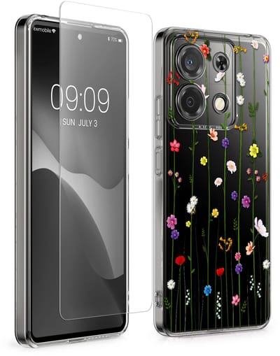 kwmobile telefoonhoesje geschikt voor Xiaomi Redmi Note 13 Pro 5G / Poco X6 5G hoes - Telefoonhoesje voor smartphone - Telefoon cover - Met glazen schermbeschermer - Wilde Bloemen Stengels design