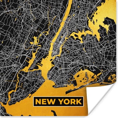 Poster Goud - Stadskaart - Plattegrond - New York - Kaart - 100x100 cm XXL