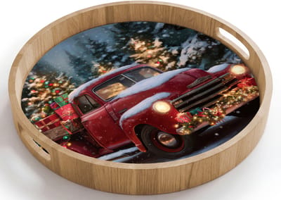 Dienblad rond 40x40 cm - Schootdienblad hout - Kersttruck - Sneeuwbos - Rood - Borrelplank rechthoek - Plateau houten dienbladen