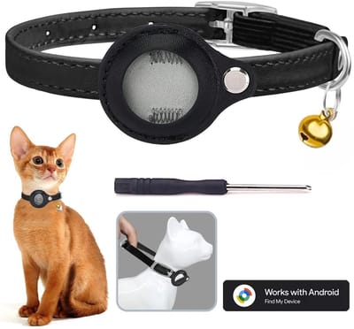 BlueTime ® - Kattenhalsband inclusief Tag - Halsband Kat & Kitten met Kattenbelletje - Gps Tracker Kat zonder Abonnement - Geschikt voor Android Find My Device - Kattenbandje, Poes, Kattenriem air & Tuigje met Houder - Zwart