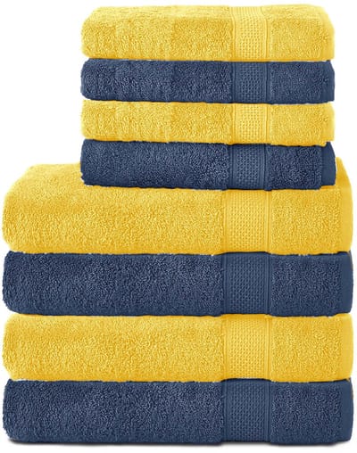 Komfortec Handdoekenset – Set van 8 - 4x Handdoek 50x100 cm en 4x Badhanddoek 70x140 cm - 100% Katoen - Marineblauw&Geel