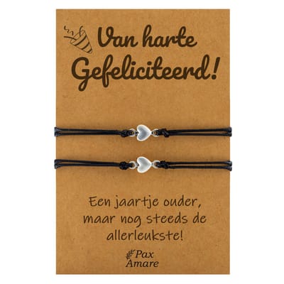Vriendschapsarmbandjes voor 2 "Van harte Gefeliciteerd" - Kleine Hartjes - BFF Armbandjes met Cadeau Kaartje - Zwart & Zilverkleurig - Elastisch Verstelbaar - Pax Amare
