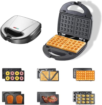 Sandwichmaker met platen - Wafelijzer tosti - Ontbijt maken - 6 verwisselbare bakplaten - 750 watt - Zilver