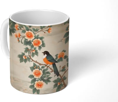 Mok - Koffiemok - Vogel - Tak - Bloemen - Oranje - Mokken - 350 ML - Beker - Koffiemokken - Theemok