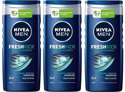 Nivea Men 3 in 1 Showergel - Fresh Kick - Voordeelverpakking 3 x 250 ml