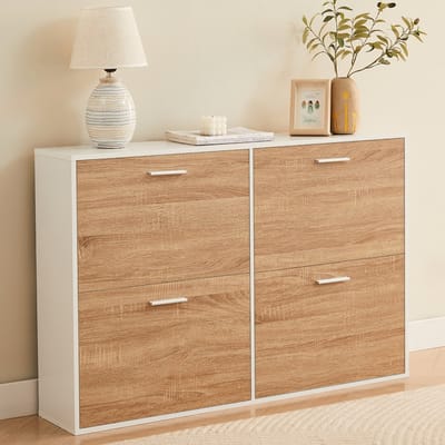 CASABEL Schoenenkast met 4 neerklapbare deuren - Design schoenenkast - Opbergmeubel voor de hal met ruimte voor 24 paar schoenen - Wit frame - Houten neerklapbare deuren
