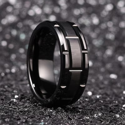 Nieuwe Mode 8mm Heren Dubbele Groef Afgeschuinde RVS Ring Blauwe Geborstelde Inleg AAA Zirkoon Ring Heren Trouwring Sieraden 10 black
