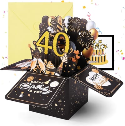 40th Verjaardagskaart - 3D Pop-up Kaart met Envelop - Gelukkige Verjaardag Kaarten - Verjaardagscadeau voor Vrouwen Kinderen Vriendin Mannen (Zwart Goud)
